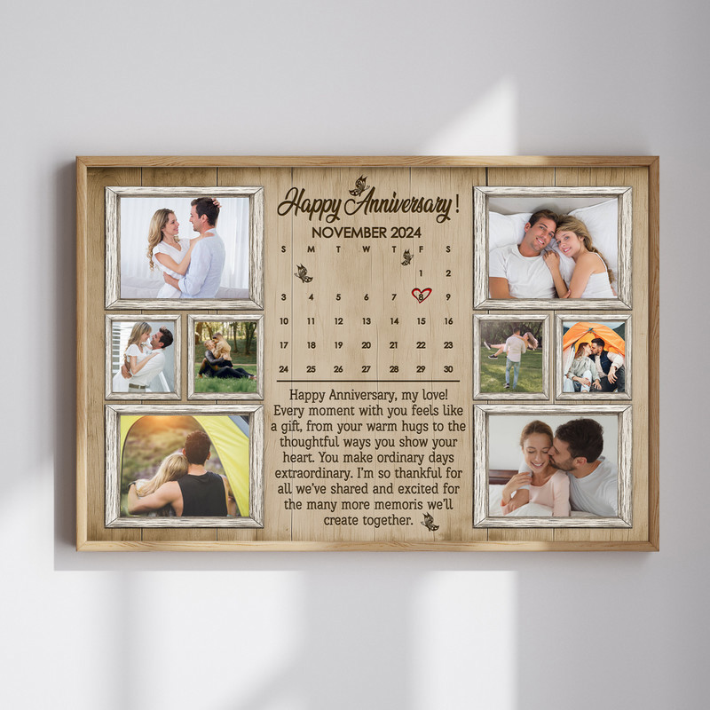 Romantic anniversary canvas wall art photo collage with calendar and love message, personalized names and date, portrait layout | Familywalldecor