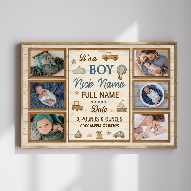 Baby boy photo collage canvas, personalized with name, birth date, and photos in rustic farmhouse style for nursery decor | Family Wall Decor