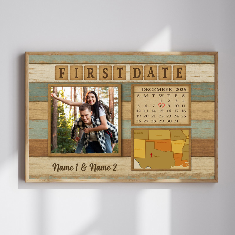 First date map and calendar canvas wall art, rustic coastal farmhouse style with personalized names, date, and location heart | Familywalldecor