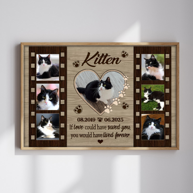 Cat memorial canvas wall art in farmhouse style, personalized with cat photos, name and message, rustic shiplap background. | Familywalldecor