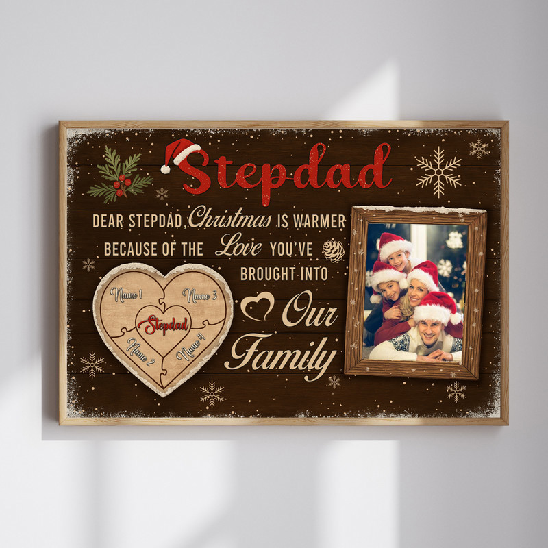 Christmas puzzle photo canvas wall art personalized with kids' names and family photo, farmhouse decor gift for stepdad | Familywalldecor