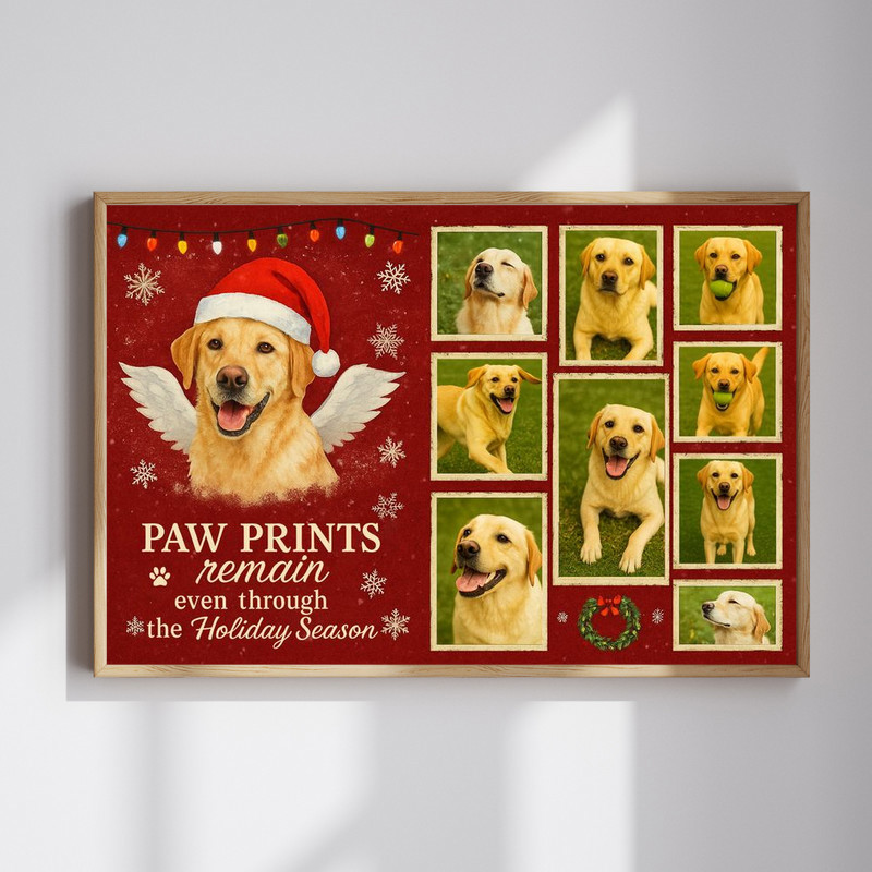 Dog memorial canvas wall art, Christmas tribute photo collage with personalized pet name and dates for loss and remembrance | Familywalldecor