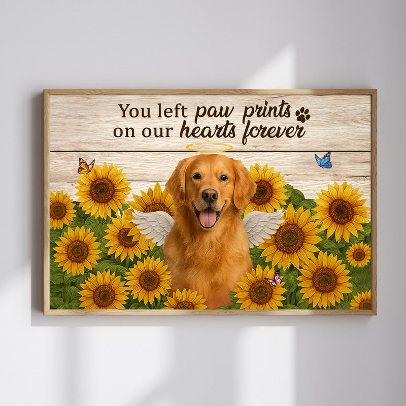 Dog memorial portrait canvas wall art with farmhouse sunflowers, personalized photo, pet name and dates; heartfelt sympathy gift for owners | Familywalldecor