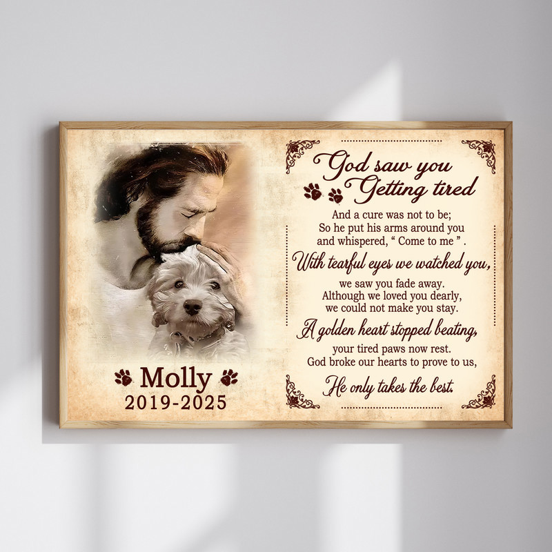 Dog memorial canvas wall art with custom pet photo, name, and dates, Jesus comforting a dog beside an angel in heavenly light | Familywalldecor