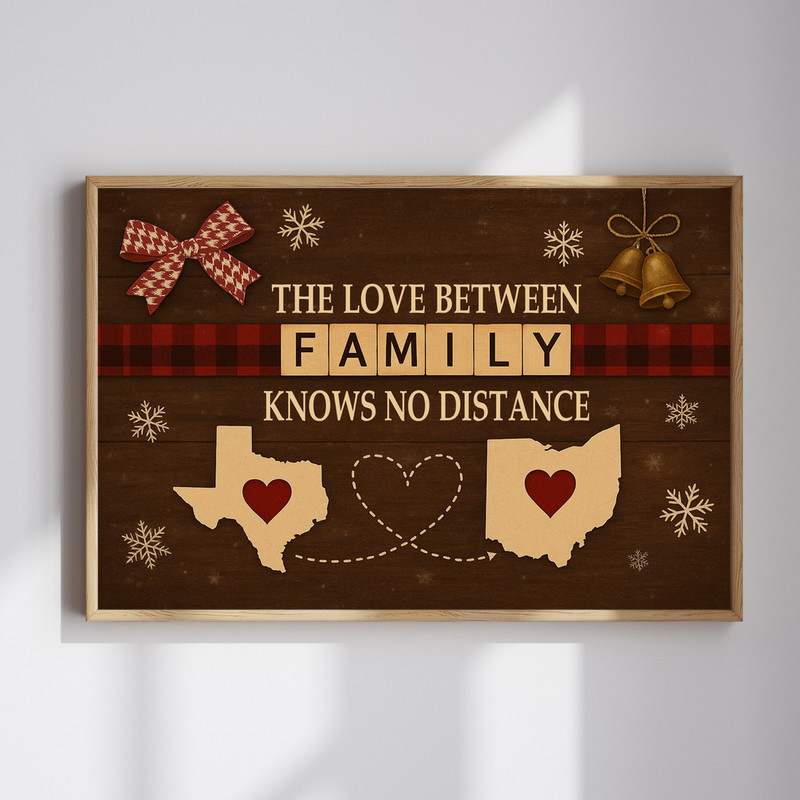 Custom family Christmas wall art, rustic farmhouse, long-distance with personalized names and locations, landscape print | Familywalldecor