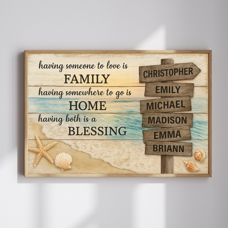 Family street sign canvas with coastal blue tones, personalized last name and quote on weathered wood, horizontal wall decor | Familywalldecor