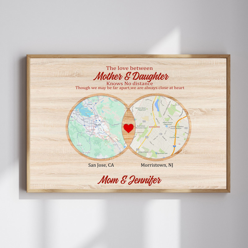 Long distance mother daughter maps canvas wall art with two states linked by a heart line, rustic farmhouse, custom names | Familywalldecor