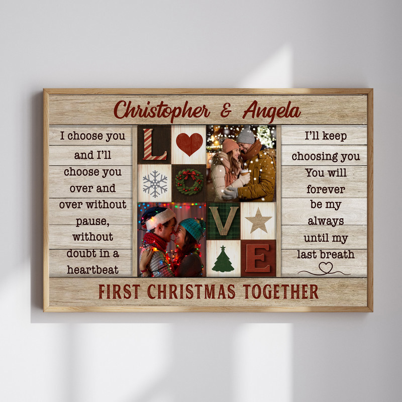 Newlywed photo collage canvas wall art with 'I Choose You Without Doubt' quote, personalized first Christmas gift, rustic farmhouse style | Familywalldecor