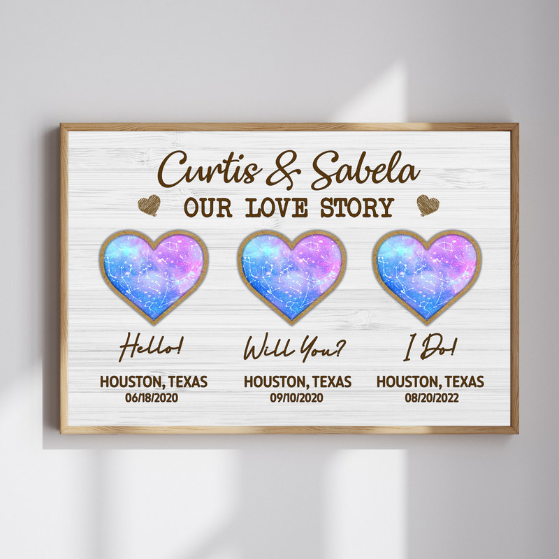 Valentine’s Day star map canvas wall art, personalized with couple names and date to mark a special night sky anniversary | Familywalldecor