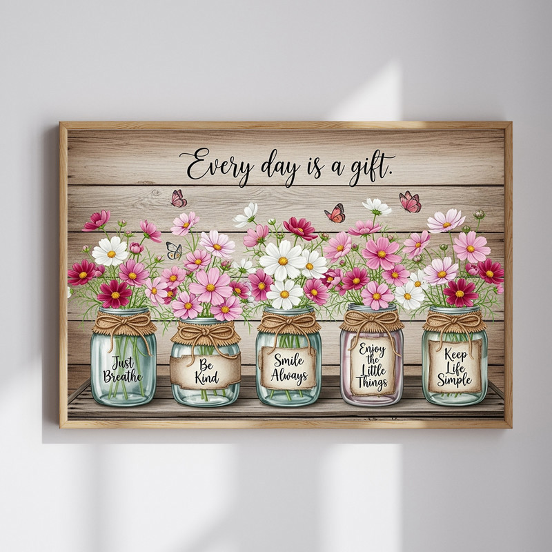 Cosmos flower mason jar canvas wall art with 'Every Day Is a Gift' quote, rustic farmhouse style on wood, soft pink blooms | Family Wall Decor