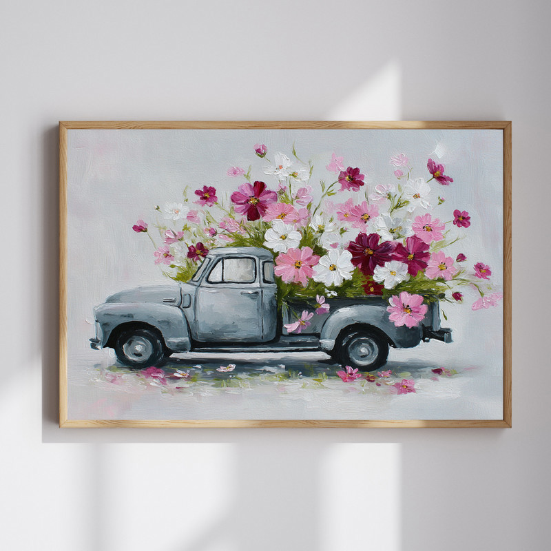 Farmhouse cosmos truck canvas wall art featuring a vintage pickup overflowing with blooms in a rustic country scene, landscape | Family Wall Decor
