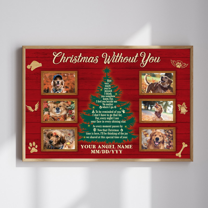 Farmhouse dog memorial canvas, Christmas Without You on rustic wood with pine, paw prints, personalized pet name, dates | Familywalldecor
