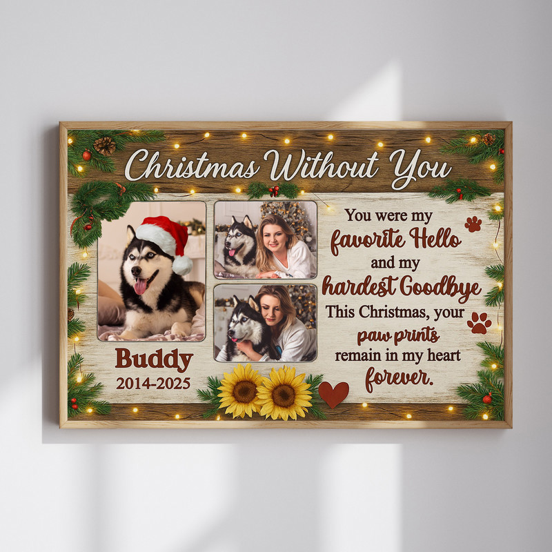 Farmhouse dog memorial photo collage canvas wall art with rustic shiplap background and paw prints, Christmas pet loss tribute | Familywalldecor