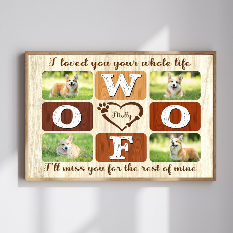 Farmhouse dog photo collage canvas print, rustic neutral tones, custom name and dates, memorial wall art, pet loss sympathy gift | Family Wall Decor