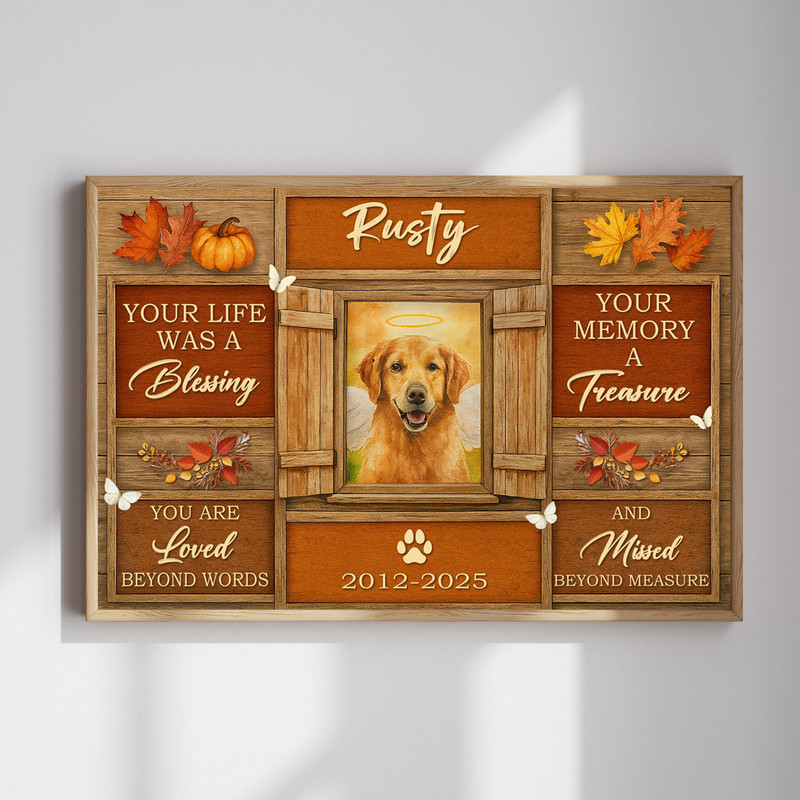 Farmhouse fall dog memorial canvas wall art with rustic wood backdrop, personalized pet name and dates, leaves tribute | Familywalldecor