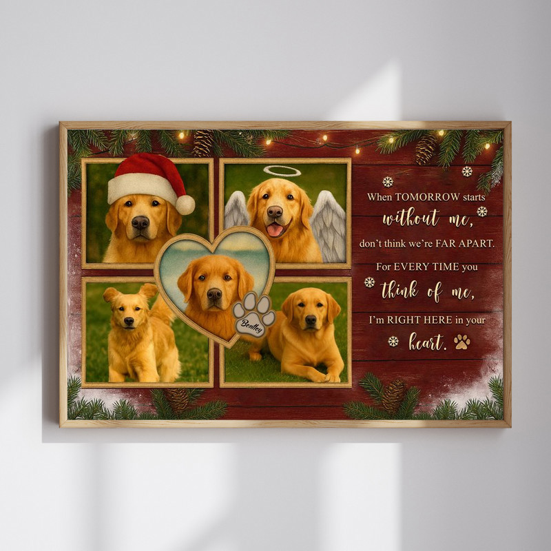 Farmhouse dog memorial Christmas canvas wall art, personalized pet photo collage, wood-look canvas with custom name and dates | Familywalldecor