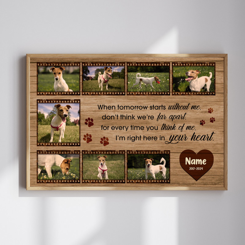 Farmhouse pet memorial canvas wall art with custom dog photo collage in film strip frame, rustic neutral tones, landscape layout | Familywalldecor