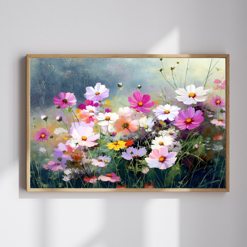 Farmhouse soft cosmos meadow canvas wall art featuring pastel pink and white wildflowers under a hazy sky, landscape | Family Wall Decor