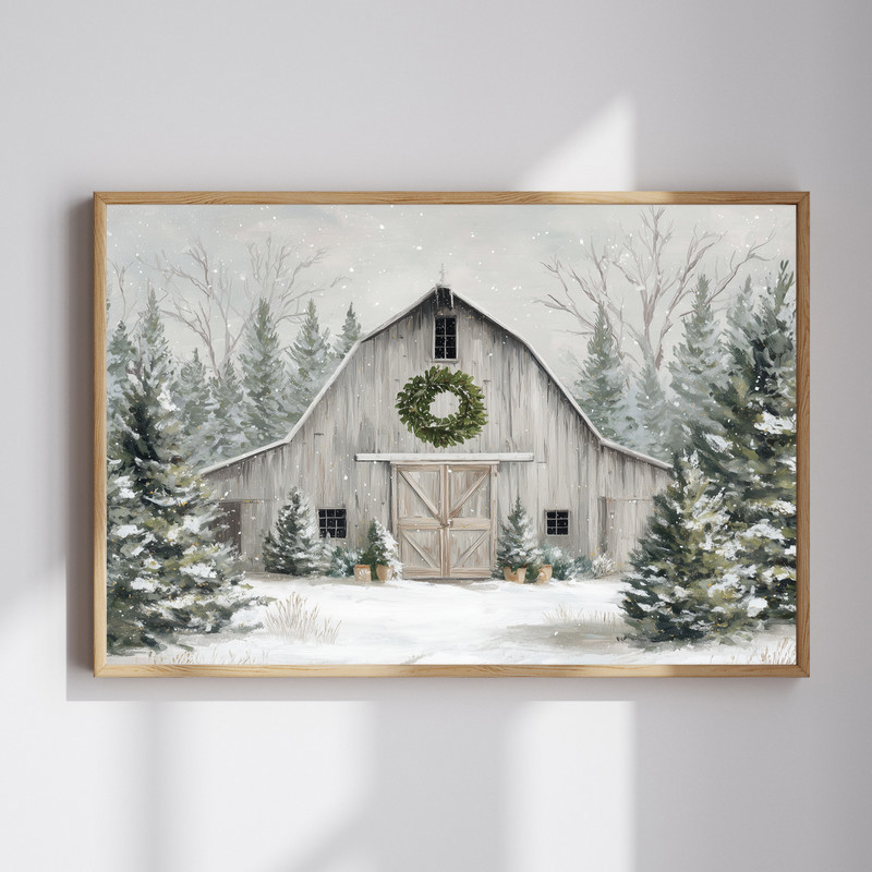 Farmhouse winter charm canvas wall art featuring a rustic holiday barn in snowy fields, ideal for cozy entryway decor | Familywalldecor