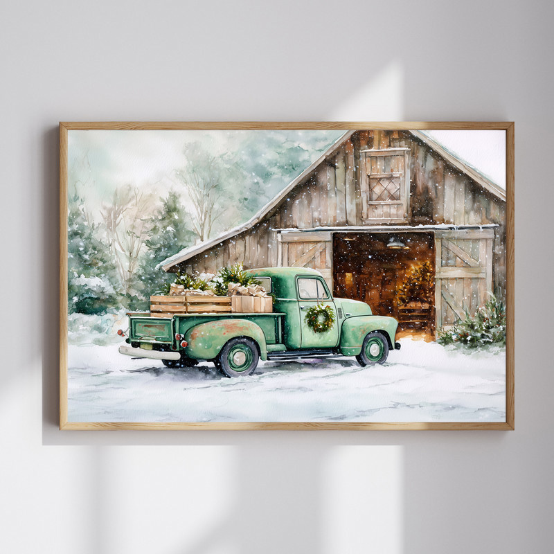Festive green truck by rustic barn with Christmas tree canvas wall art for entryway, farmhouse winter decor in muted tones | Familywalldecor