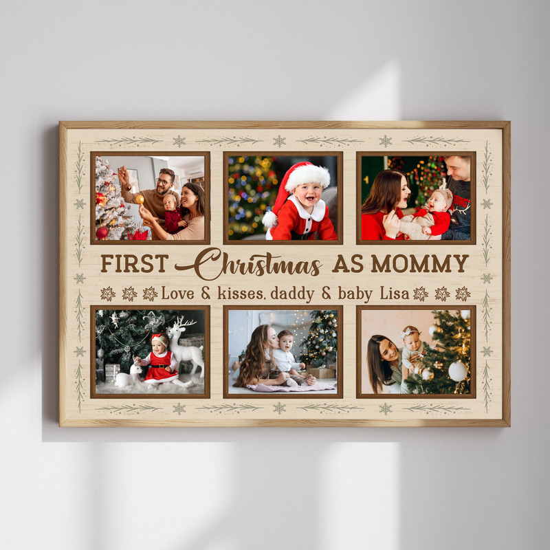 First Christmas as Mommy canvas art, personalized photo collage with baby’s name and date, red‑green palette, landscape | Familywalldecor