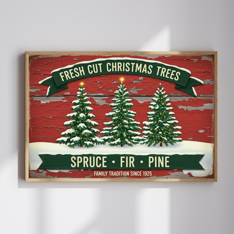 Fresh Cut Christmas Trees rustic farmhouse canvas wall art for hallway decor, holiday greenery print with vintage sign style look | Familywalldecor
