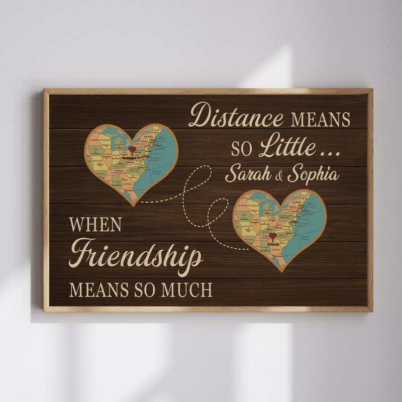 Long-distance friendship custom map canvas wall art with two locations linked by a heart line, personalized names and date | Familywalldecor