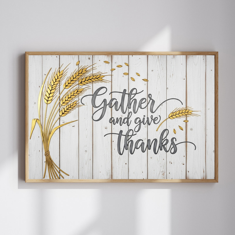 Thanksgiving canvas wall art with 'Gather and Give Thanks' over rustic wood planks, fall leaves, farmhouse palette | Family Wall Decor