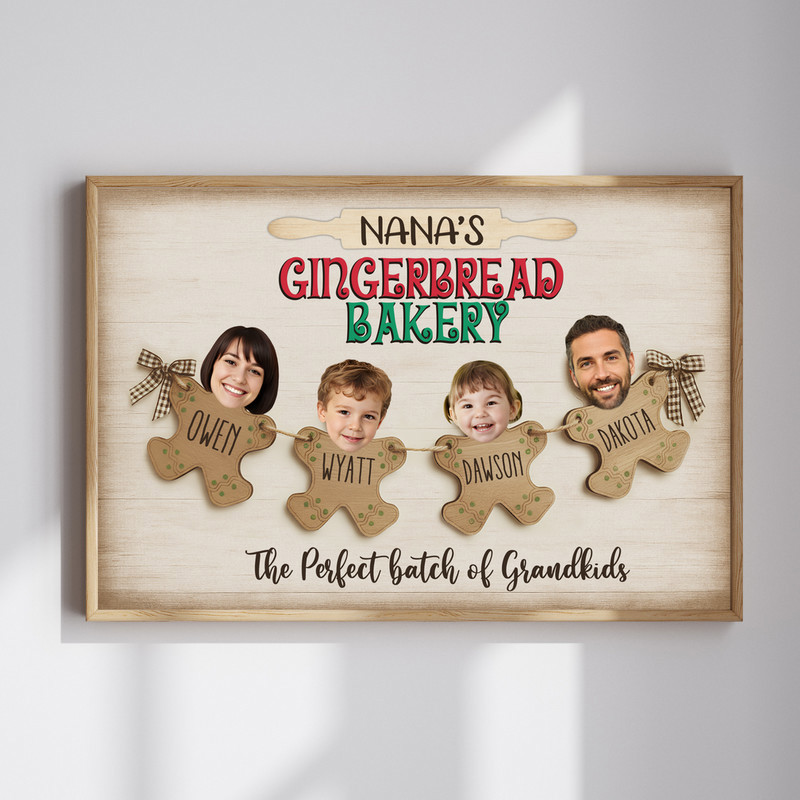 Gingerbread bakery canvas wall art with custom grandkids names and photo, festive Christmas decor for grandparents, portrait | Family Wall Decor