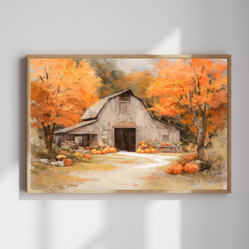 Thanksgiving barn scene canvas wall art with red barn, pumpkins and fall foliage, warm rustic landscape for entryway decor | Familywalldecor