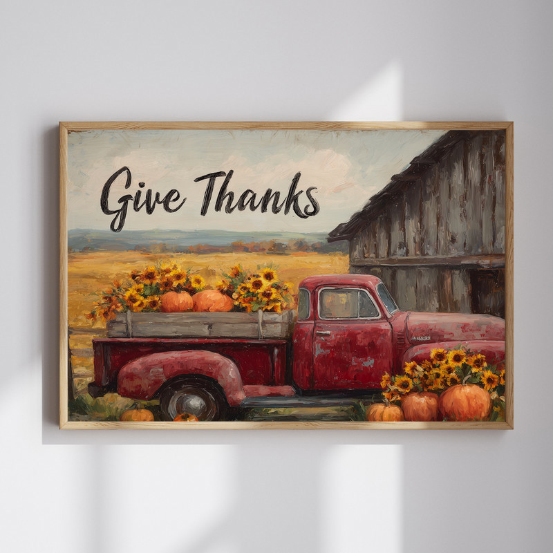 Give Thanks canvas wall art with vintage red truck and harvest pumpkins, rustic autumn entryway decor on warm canvas | Familywalldecor