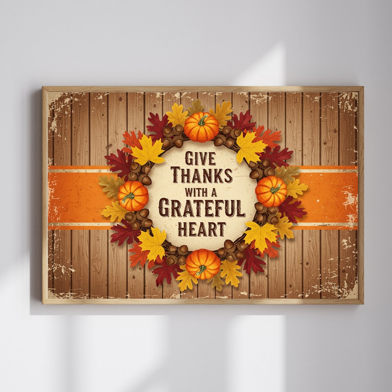 Give Thanks With a Grateful Heart canvas wall art with rustic distressed lettering, wood-look background, hallway decor | Familywalldecor