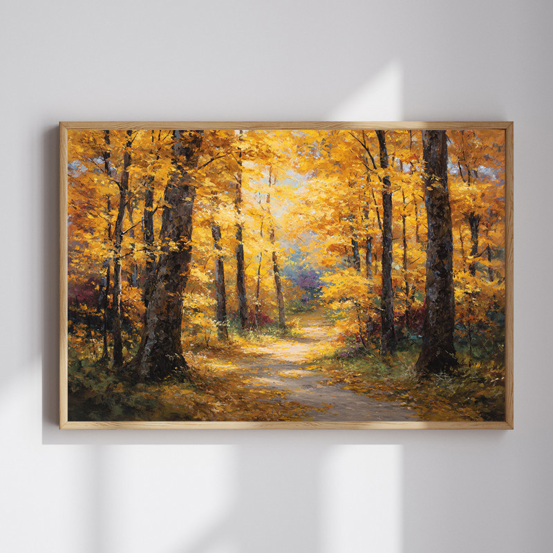 Golden autumn forest path canvas wall art with rustic fall trees and golden leaves, horizontal, perfect for hallway decor