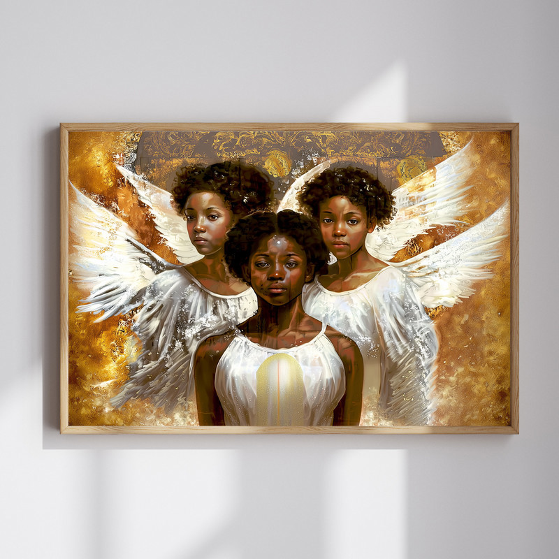 Trio of angels canvas wall art for entryway, golden palette with halos and wings, gallery-wrapped texture for serene welcome | Family Wall Decor