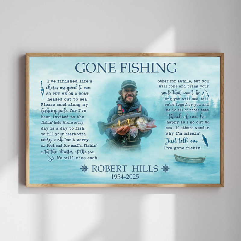 Gone Fishing memorial canvas wall art with custom name, years, and photo, rustic lake scene, landscape orientation | Familywalldecor