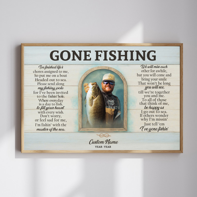 Gone Fishing memorial photo print canvas wall art, personalized with photo, name, dates; tranquil lakeside tribute | Familywalldecor