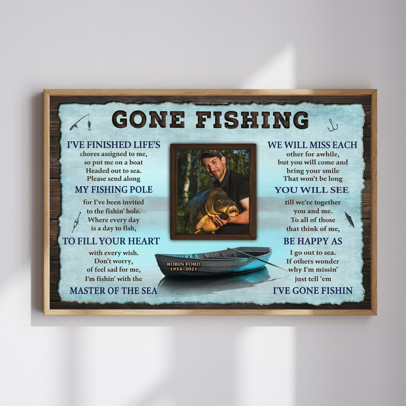 Gone Fishing memorial canvas wall art with custom photo, name, and dates, a personalized tribute for anglers and loved ones | Familywalldecor
