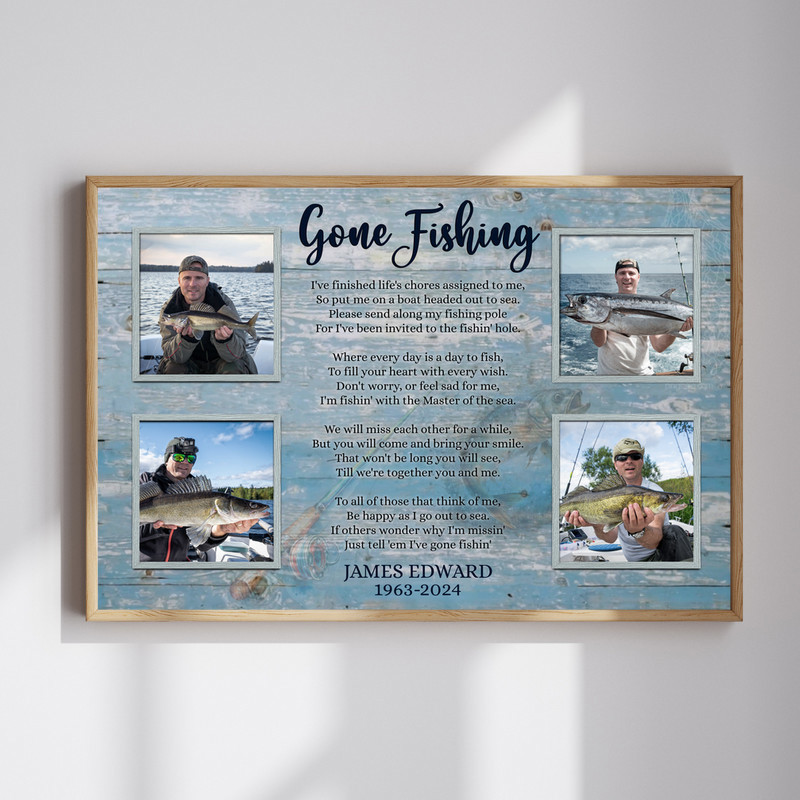 Gone Fishing tribute collage canvas wall art personalized with photos, name, and dates; a memorial keepsake for anglers | Familywalldecor