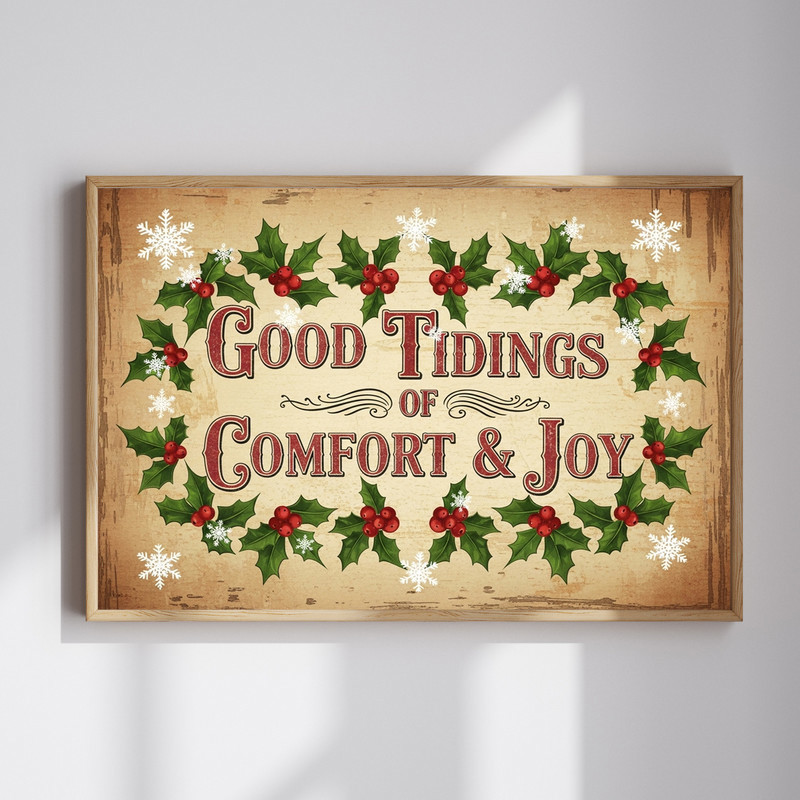 Christmas typography canvas wall art with 'Good Tidings of Comfort & Joy' quote, horizontal design for hallway decor | Familywalldecor