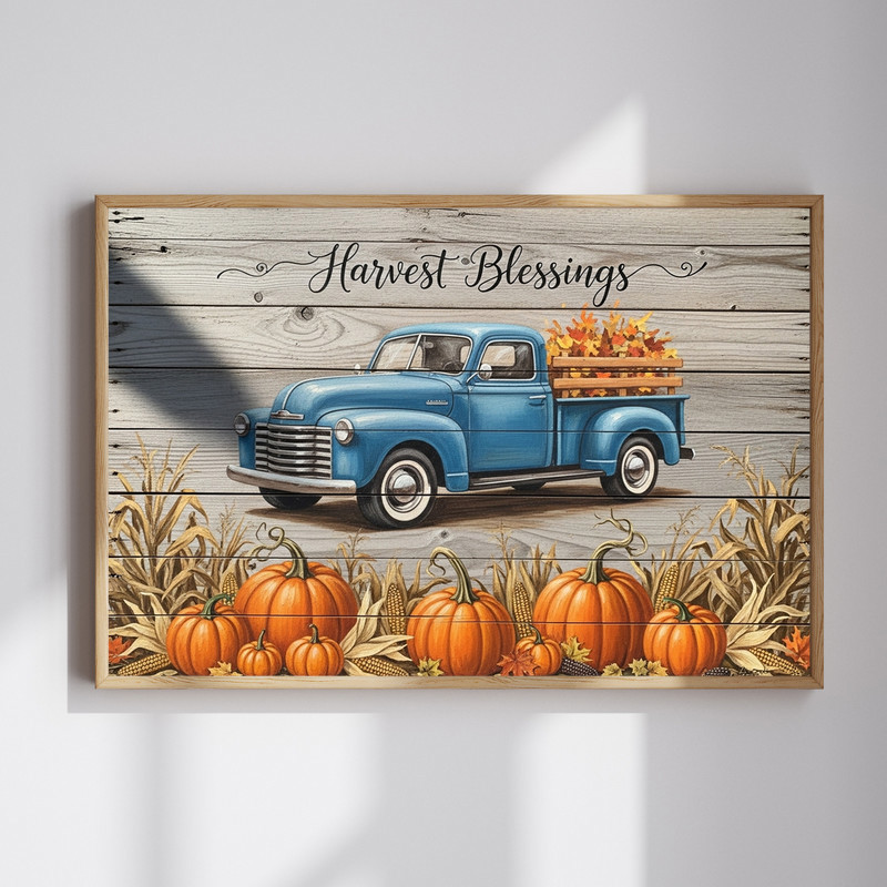 Thanksgiving vintage truck canvas wall art with Harvest Blessings script and pumpkins, rustic entryway decor, landscape | Familywalldecor