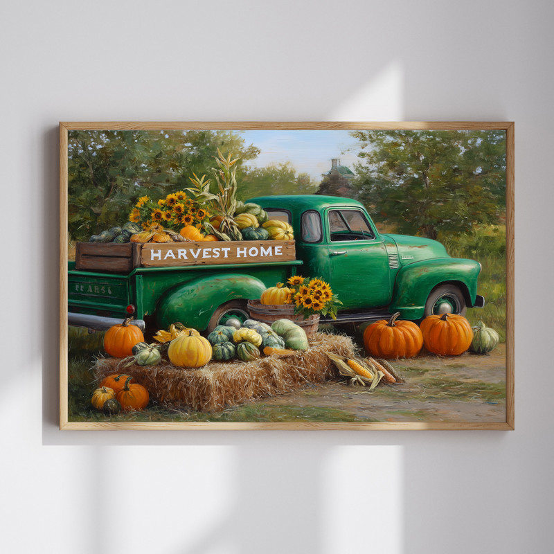Harvest home green truck canvas wall art, rustic farmhouse style fall decor, entryway canvas print with cozy country charm | Familywalldecor