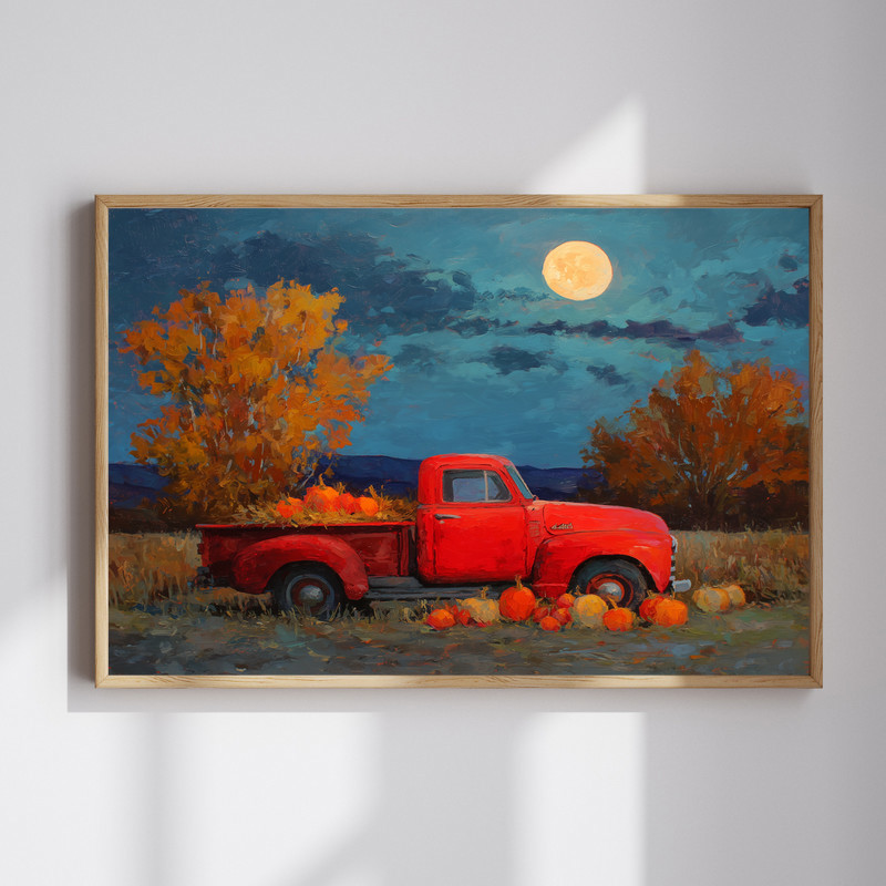 Harvest Moon red truck evening oil painting canvas wall art for entryway decor, pickup under glowing moon in rustic tones | Familywalldecor