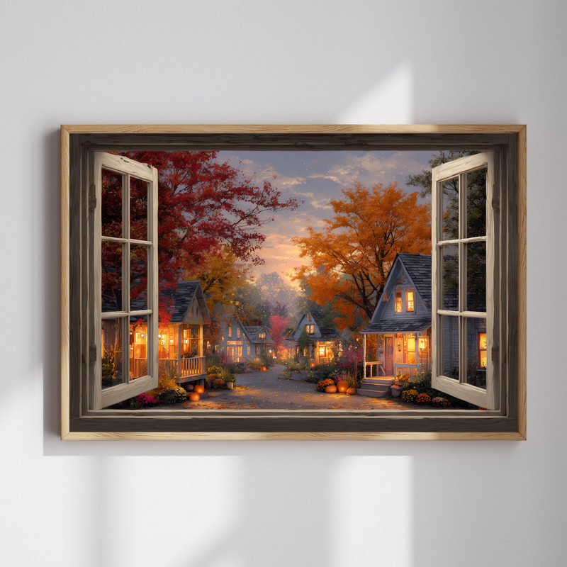 Thanksgiving village scene canvas wall art with harvest view through a window, pumpkins and fall foliage for hallway decor | Familywalldecor