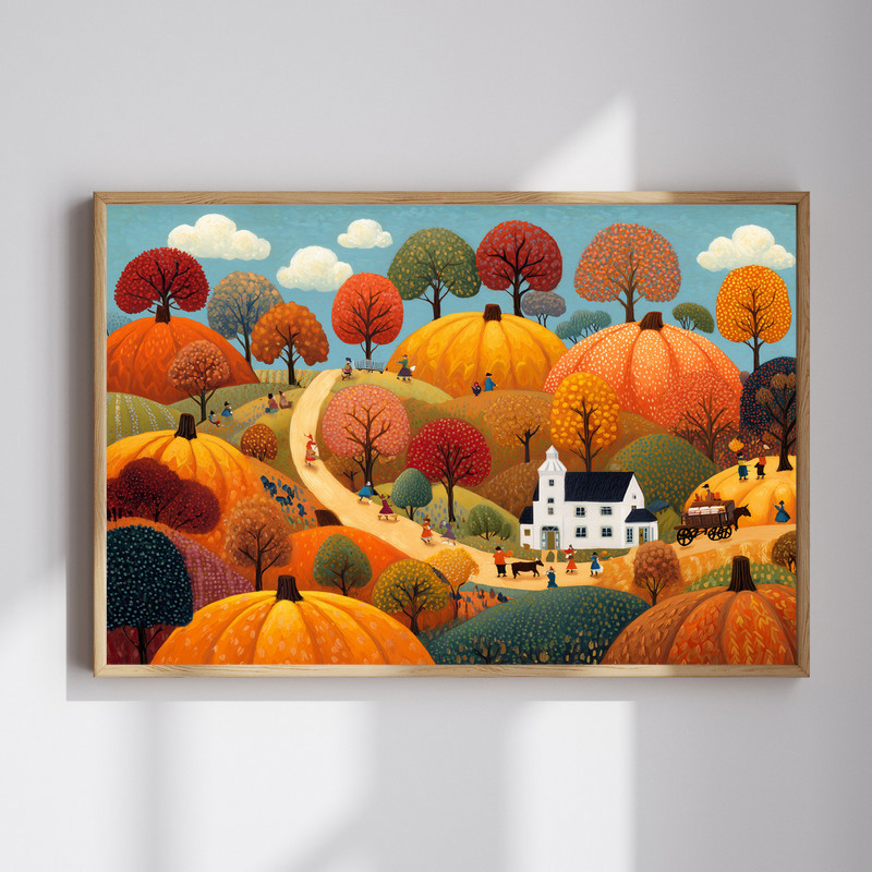 Thanksgiving harvest canvas wall art of a cozy farmhouse entryway with pumpkins, autumn leaves, lanterns, and rustic accents | Familywalldecor