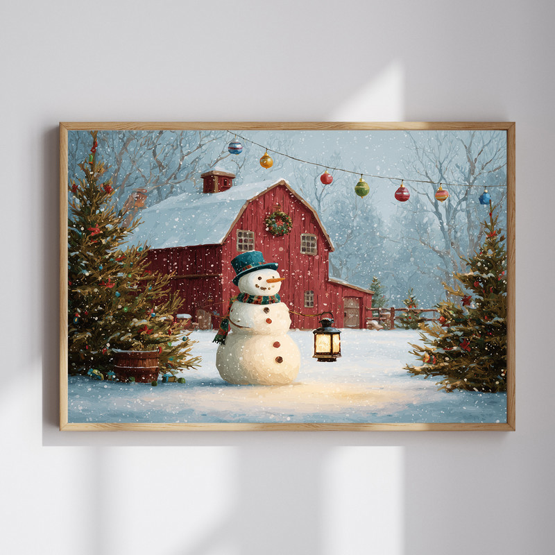 Holiday cheer in snowy barnyard Christmas tree scene canvas wall art, rustic red barn and lit tree at night for hallway decor | Familywalldecor