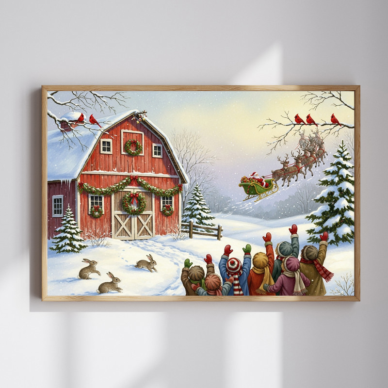 Holiday farmhouse scene entryway canvas wall art with Santa greeting farm animals by a snowy farmhouse in a winter setting | Familywalldecor
