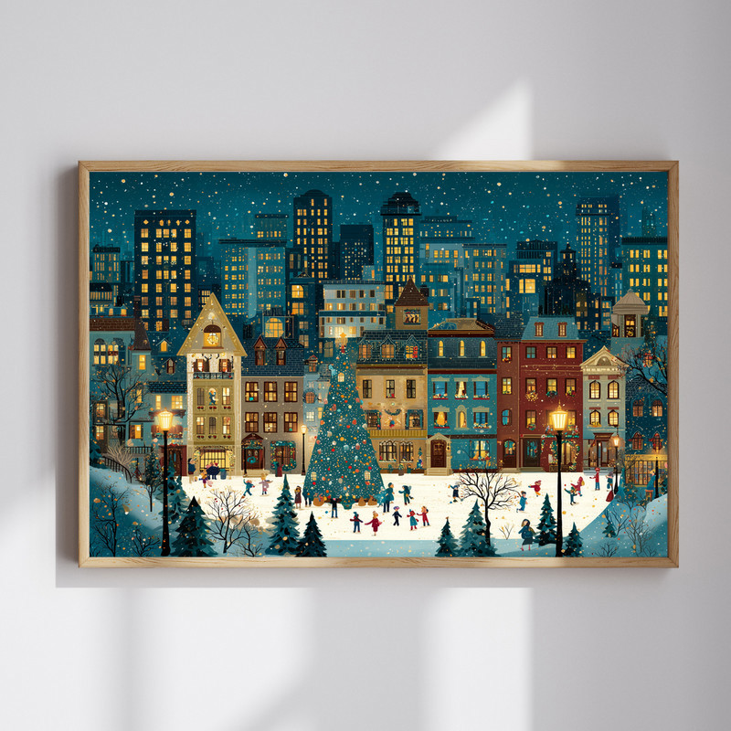 Holiday magic downtown entryway canvas wall art featuring a festive urban doorway adorned with wreath, garland, and lights | Familywalldecor