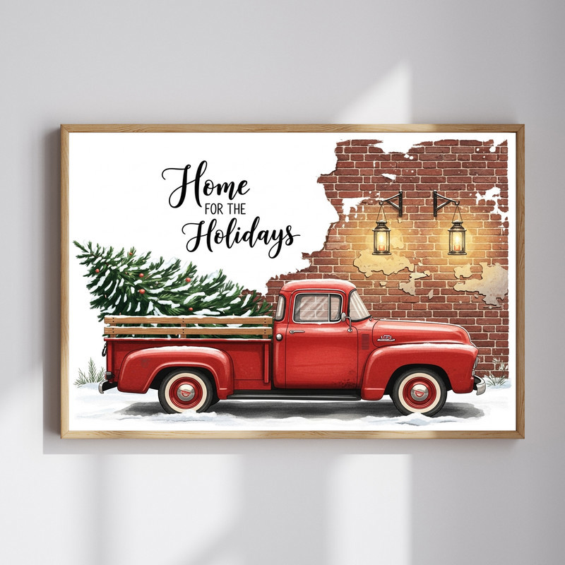 Vintage farmhouse Christmas canvas wall art featuring a red holiday truck with evergreen tree, perfect for entryway decor. | Familywalldecor