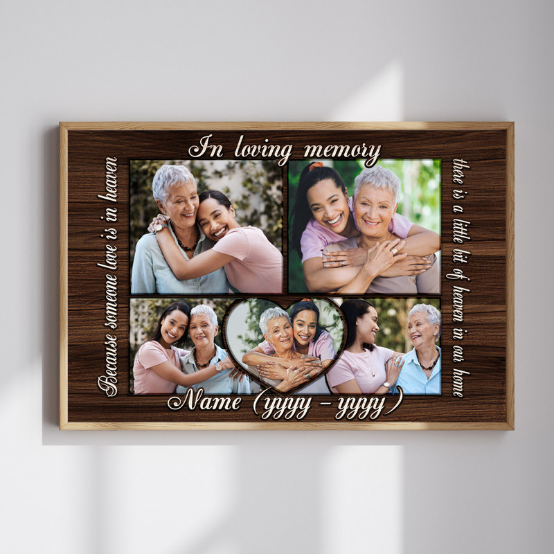 Memorial canvas wall art photo collage, personalized with name, life dates, and multiple photos to honor a loved one | Family Wall Decor