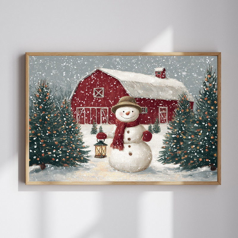 Jolly snowman by lantern canvas wall art, Christmas tree farm vibes, cozy winter accent for hallway decor on wrapped canvas. | Familywalldecor